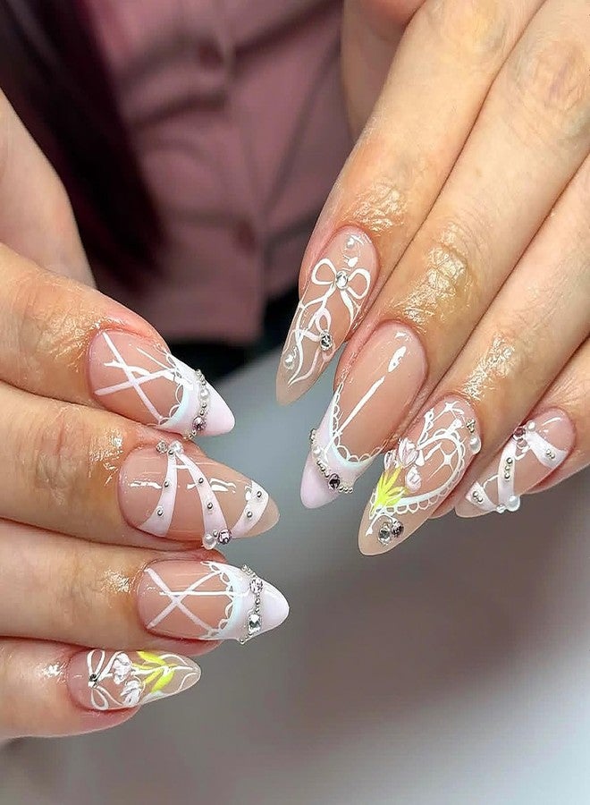 KKUUOO Pink Press on Nails, Almond Fake Nails, Rhinestone Glossy False Nail for Women Nails Manicure Decoration, Full Cover Acrylic Stick on Nail with Bowknot Love 3D Pearl Designs 24Pcs - Image 1